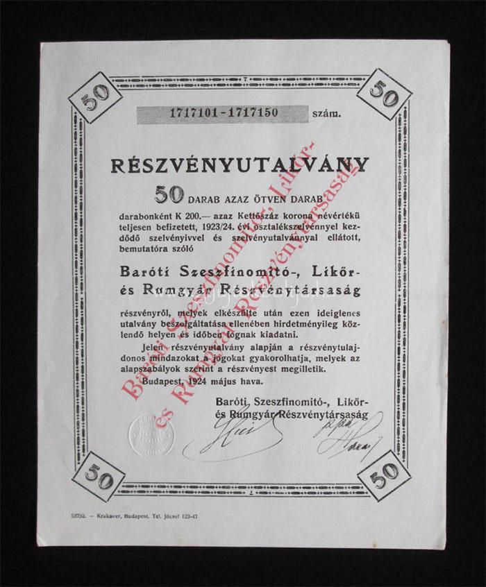 Baróti Szeszfinomító, Likőr, Rumgyár utalvány 50x200 korona 1924
